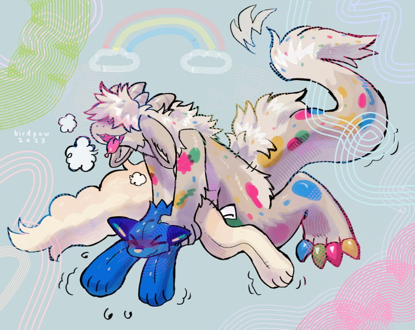 >_< 2023 abstract_background ambiguous_gender ambiguous_penetrated animate_inanimate anthro anthro_penetrating_ambiguous arm_tuft birdpaw_(artist) blue_body blush breath brown_horn closed_eyes cloud digital_media_(artwork) dragon duo fangs fur furred_dragon hair hair_over_eyes hi_res horn living_plushie male male/ambiguous male_penetrating male_penetrating_ambiguous markings multicolored_claws multicolored_markings multicolored_spots open_mouth open_smile orgasm penetration pink_tongue plushie plushophilia rainbow sex smile spots spotted_arms spotted_body spotted_fur spotted_legs spotted_markings spotted_tail tail tail_markings tail_tuft tan_body tan_fur tan_hair teeth tongue tuft