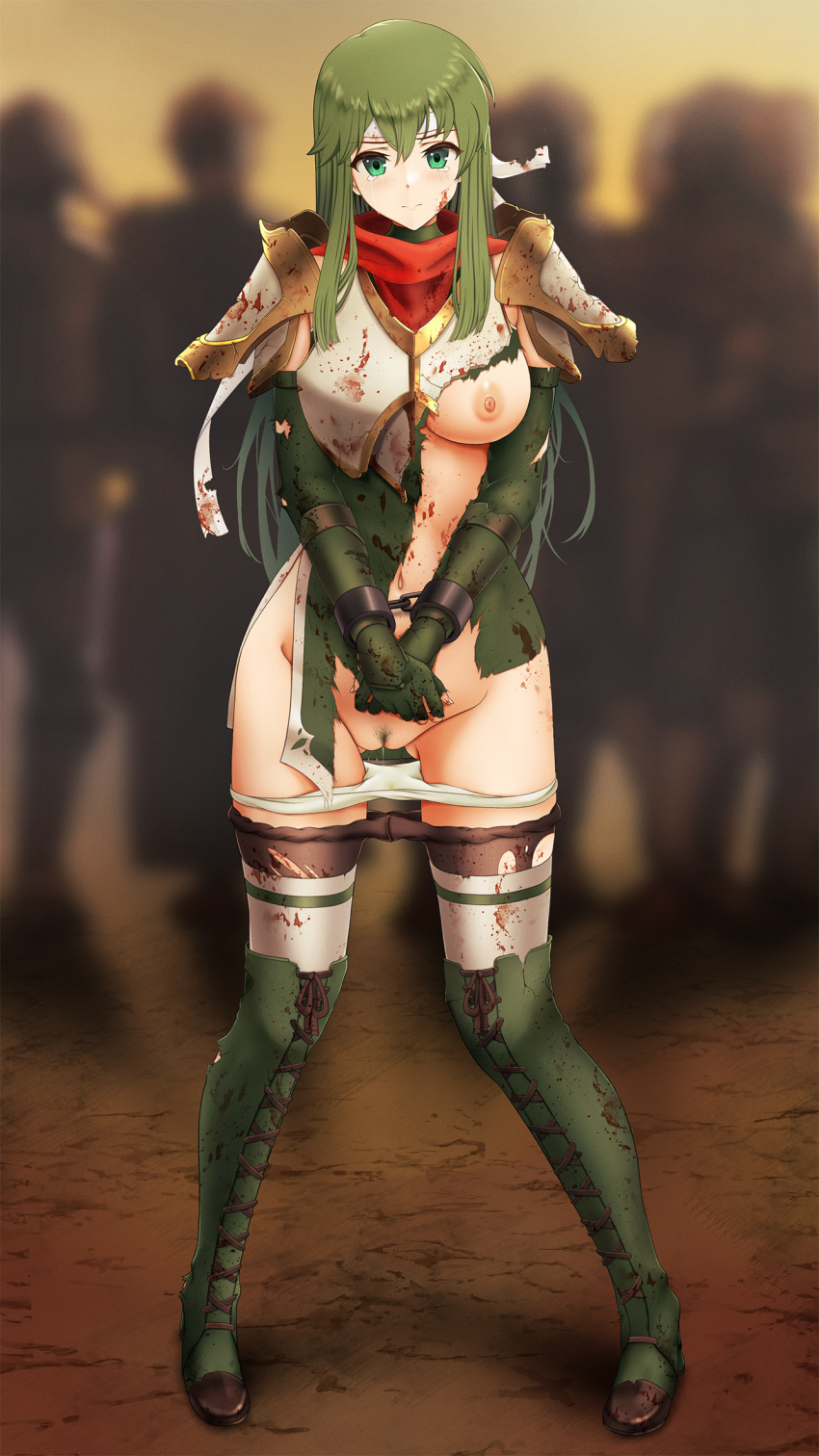 1girls armor ass_visible_through_thighs bare_midriff blood bondage boots bound bound_wrists breasts breasts_out censored crying crying_with_eyes_open defeated elbow_gloves exhibitionism exposed_breasts exposed_pussy female female_focus female_pubic_hair femsub fire_emblem fire_emblem:_shadow_dragon_and_the_blade_of_light gloves green_eyes green_hair headband humiliation injury large_breasts long_hair looking_at_viewer midriff nintendo nipples one_breast_out outdoors palla_(fire_emblem) panties pantyhose pantyhose_down pee_stain pubic_hair public public_humiliation public_nudity pussy pussy_juice restrained sakurein scar solo_focus spoils_of_war torn_clothes underwear very_long_hair white_panties