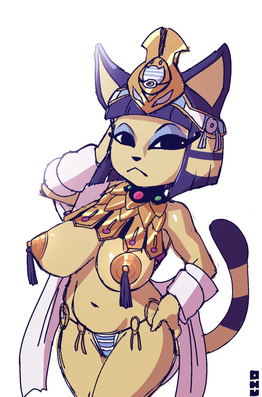 1girls animal_crossing ankha anthro big_breasts blue_eyeshadow breasts cat_ears cat_tail cosplay drawfag edit hand_on_head hand_on_hip headgear jewelry menace nintendo nipple_tassels panties pasties queen's_blade robes solo_anthro tagme tail tassels white_background yellow_body