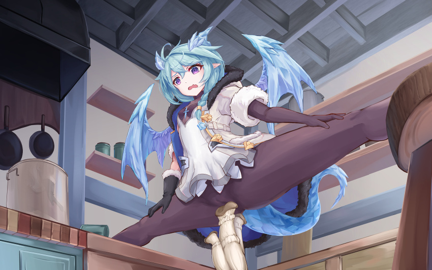 asymmetrical_clothes bell_(angelicalary) black_gloves black_pantyhose blue_hair blush braid cameltoe cygames dragon_girl dragon_horns dragon_tail dragon_wings dress female from_below fur-trimmed_gloves fur-trimmed_sleeves fur_trim gloves highres horns indoors kitchen ladle long_hair looking_down mushroom pantyhose phallic_symbol pointy_ears princess_connect! purple_eyes shefi_(princess_connect!) short_dress short_hair short_sleeves single_braid solo split spread_legs tail upskirt white_dress wings wooden_stool