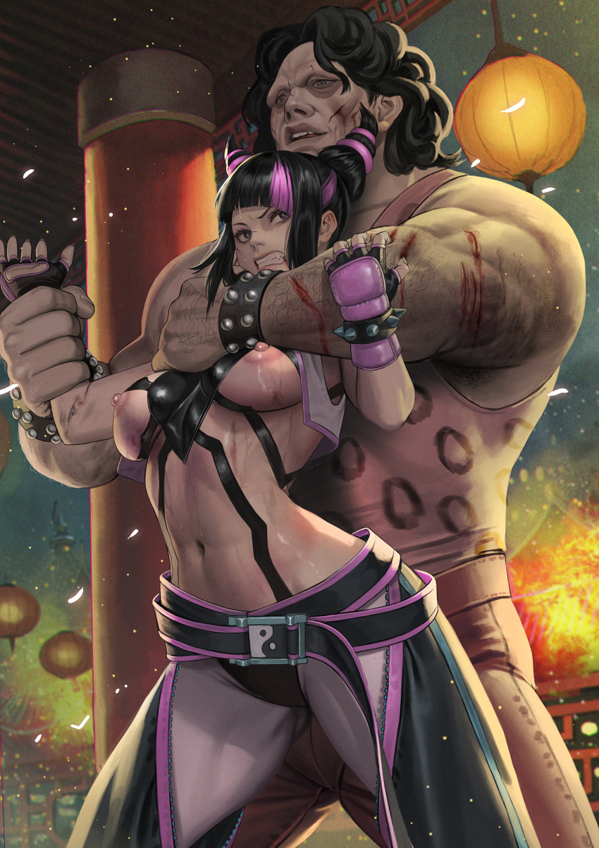 1boy 1girls arm_grab athletic_female big_breasts big_dom_small_sub black_hair blood breasts capcom clenched_teeth defeated femsub final_fight fingers gloves grabbing_from_behind height_difference hugo_andore imminent_rape injury janggun juri_han large_breasts larger_male maledom manhandling multicolored_hair muscular_male navel nipple_slip nipples purple_eyes restrained size_difference smaller_female street_fighter street_fighter_6 struggling sweat