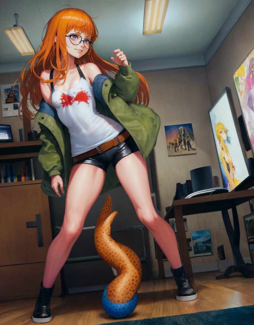 1girls ai_generated bedroom belt computer_screen female glasses imminent_sex indoors jacket long_hair off_shoulder orange_hair overhead_light persona persona_5 purple_eyes rockhardart sakura_futaba shorts small_breasts smiling stable_diffusion tanktop tentacle