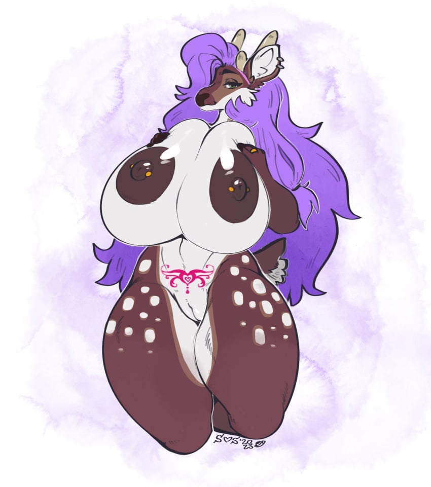 anthro antlers areola big_breasts breasts breasts_squish brown_body brown_fur deer dominique_(bionichound) ear_piercing ear_ring female fur genitals grind3r hair hair_over_eye hi_res horn huge_breasts long_hair looking_at_viewer mammal nipple_piercing nipples one_eye_obstructed piercing purple_hair pussy ring_(jewelry) ring_piercing solo spots spotted_body spotted_fur