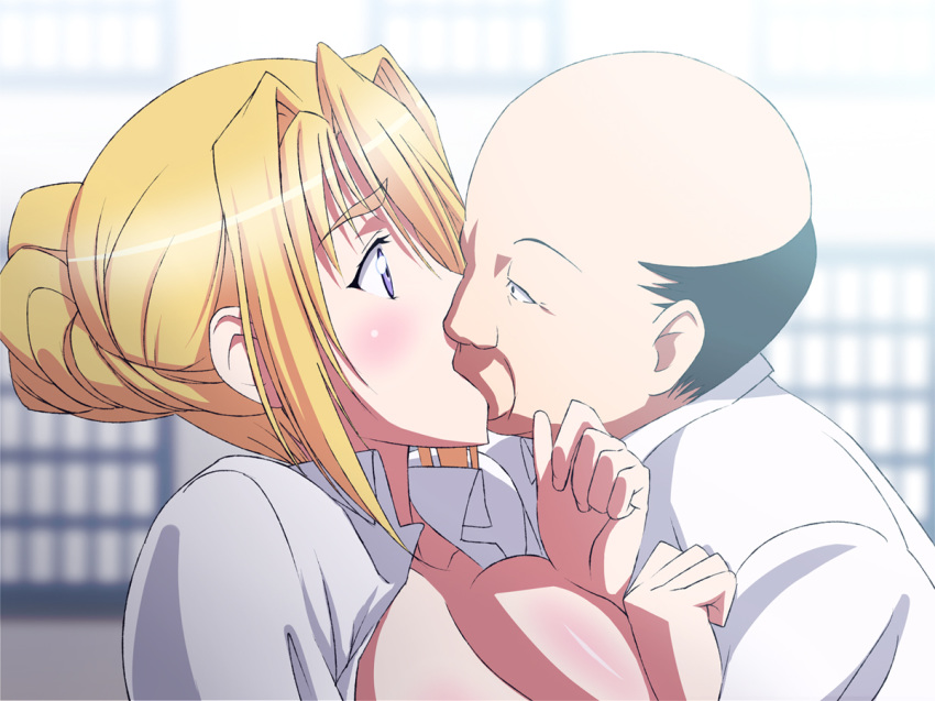 bald blonde_hair blush closed_eyes clothing forced kissing nude open_clothes open_eyes open_shirt princess_lover purple_eyes rape rokoroto school_uniform schoolgirl sex shirt short_hair silvia_van_hossen windows