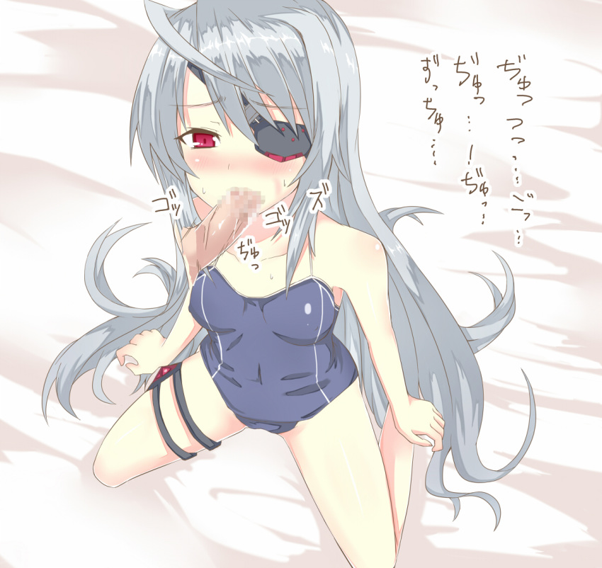 censored eye_patch fellatio infinite_stratos kneeling kurifuto laura_bodewig long_hair oral penis red_eyes silver_hair translation_request