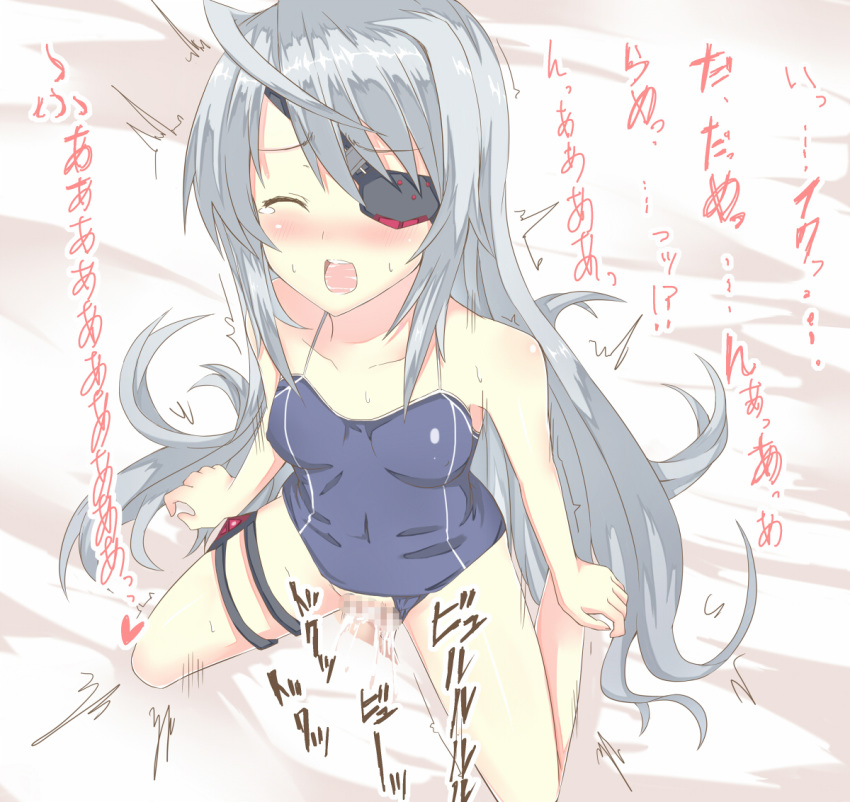 blush censored closed_eyes cum ejaculation eye_patch infinite_stratos kneeling kurifuto laura_bodewig long_hair mosaic_censoring open_mouth orgasm penis sex silver_hair tear translated translation_request vaginal_penetration