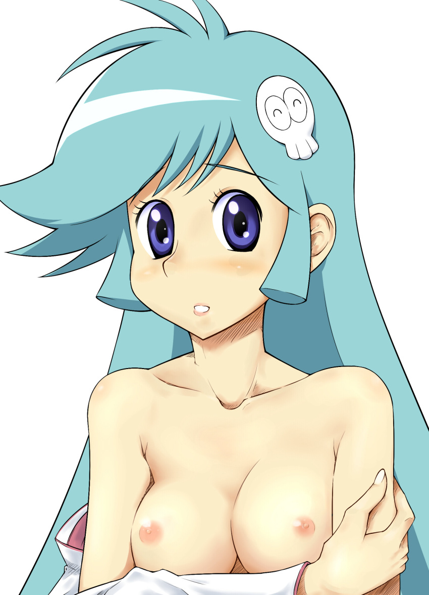 1girls 2010s big_breasts blue_hair blush breasts collarbone dororon_enma-kun female hair_ornament highres large_breasts long_hair nipples purple_eyes solo yuki_onna yukiko_hime