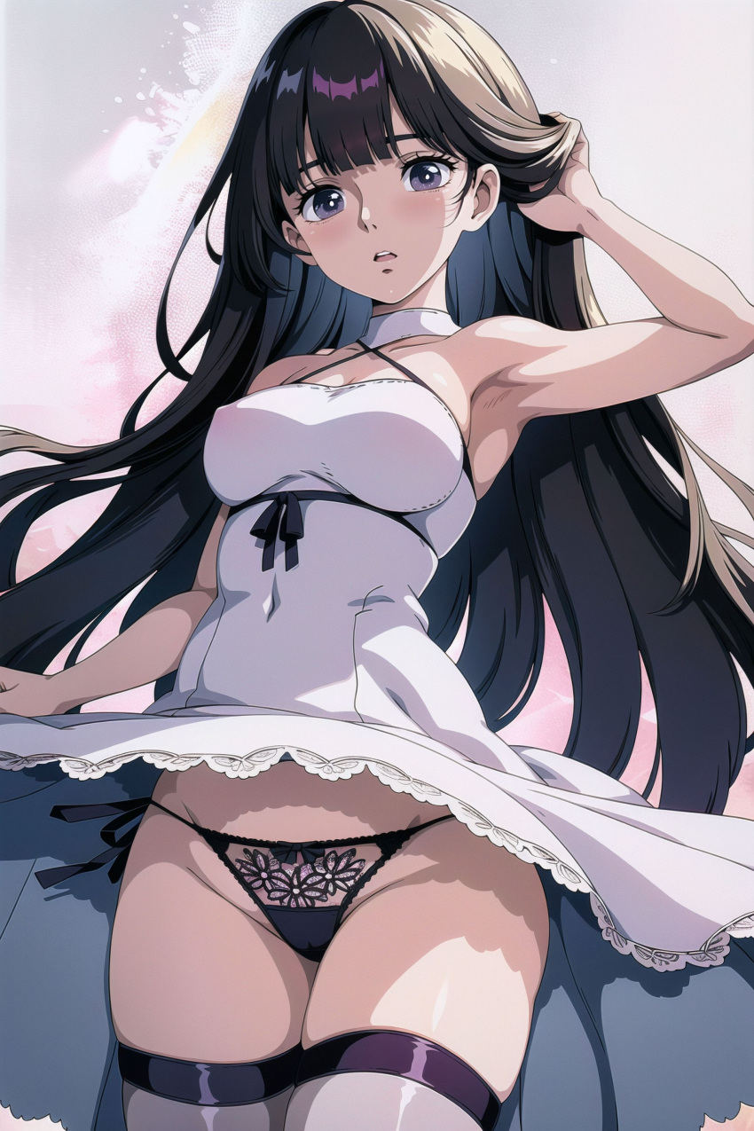 ai_generated black_hair black_panties black_thong breasts clothing dress female female female_only high_resolution purple_eyes retromage solo thong very_high_resolution white_dress wind_lift young