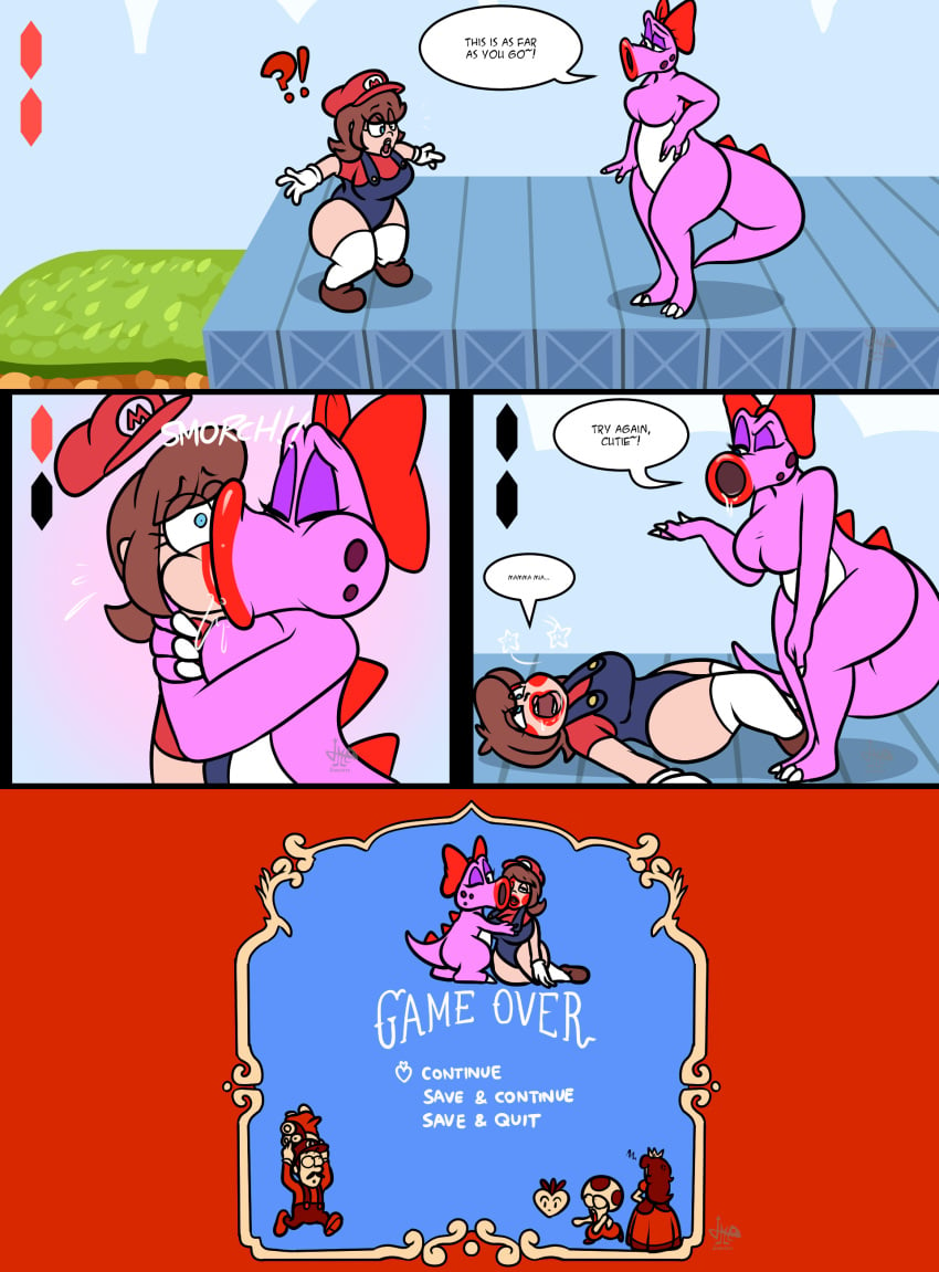 bad_end big_breasts birdetta birdo bow comic curvy dialogue femdom forced_kiss forced_kissing game_over gameplay_mechanics hairbow humanoid jamearts kissing knocked_out lipstick lipstick_mark lizard_girl makeout making_out mario mario_(series) nintendo overalls red_lipstick rule_63 saliva super_mario_bros._2 wholesome