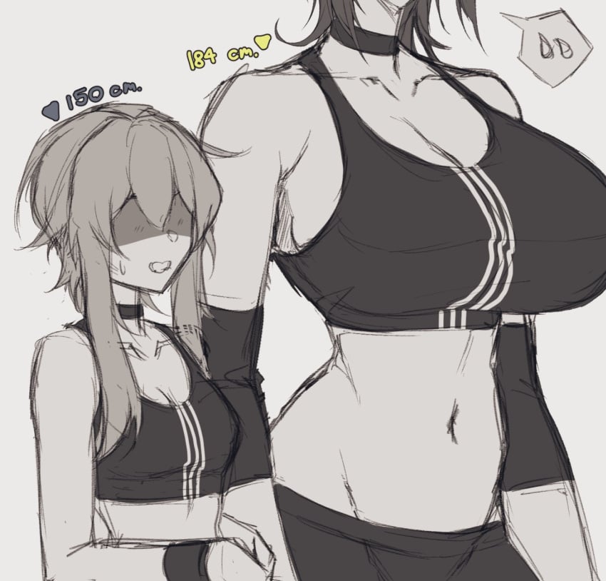 2girls armwear athletic athletic_female big_breasts busty cero_rains curvy curvy_female curvy_figure duo duo_focus flat_chest gym_uniform medium_support_(meme) meme shorter_female sketch small_breasts smaller_female taller_female tank_top thin_waist