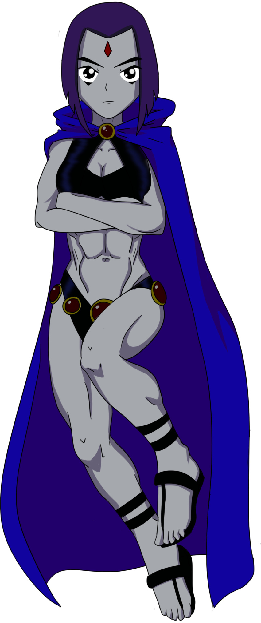 1girls abdomental abs accurate_art_style barefoot belly_button dc dc_comics female female_only muscular_arms muscular_female muscular_legs navel purple_hair rachel_roth raven_(dc) sandspire six_pack solo teen_titans