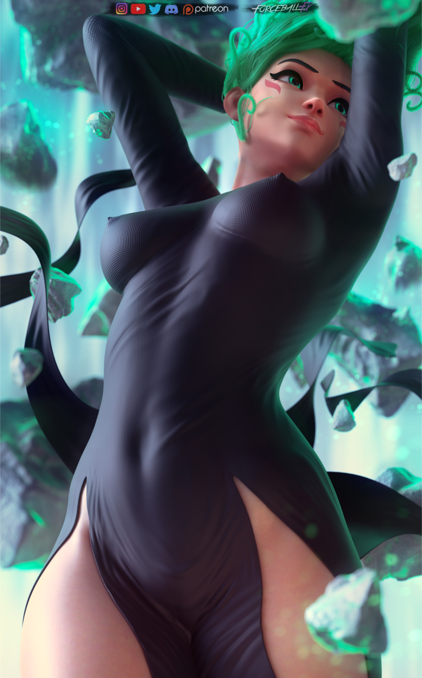 1girls 3d big_breasts black_dress blender blender_(software) blizzard_entertainment clothed clothing cosplay crossover crossover_cosplay dress erect_nipples female female_only forceballfx green_eyes green_hair highres kiriko_(overwatch) kiriko_kamori nipples nipples_visible_through_clothing no_panties one-punch_man overwatch overwatch_2 solo tatsumaki_(cosplay) terrible_tornado_kiriko thick_thighs thighs tight_clothing watermark wavy_hair