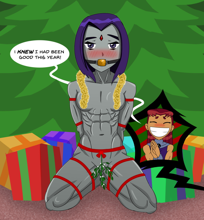 2girls abdomental abs bare_shoulder belly_button blush blushing bondage christmas dc dc_comics looking_at_viewer multiple_girls muscular_arms muscular_female muscular_legs muscular_thighs navel nude nude_female purple_eyes purple_hair rachel_roth raven_(dc) sandspire six_pack small_breasts starfire teen_titans tree