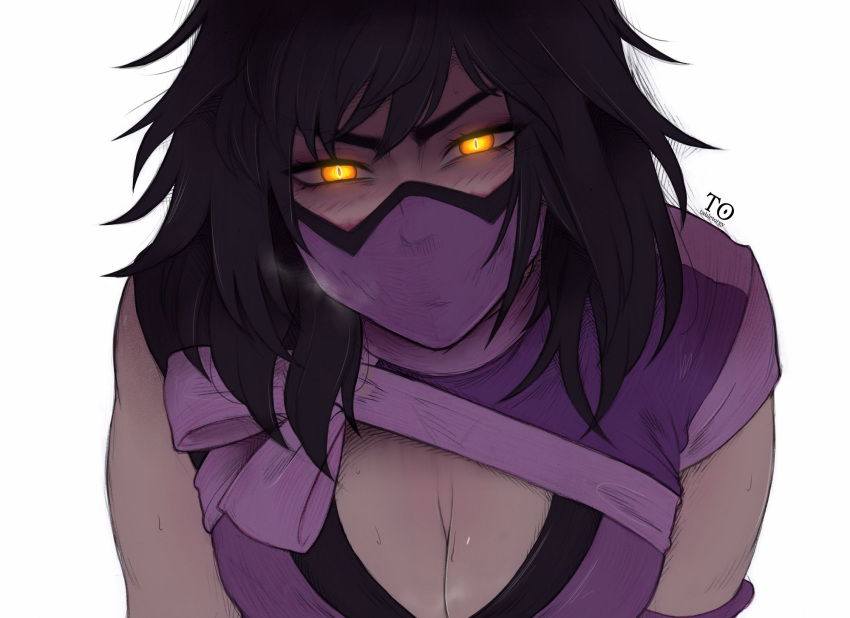 1girls big_breasts black_hair blush breasts breasts_focus color colored edenian female female_only fully_clothed mask masked masked_female mileena mortal_kombat mortal_kombat_11 purple_clothing short_hair solo solo_female tabletorgy tarkatan yellow_eyes