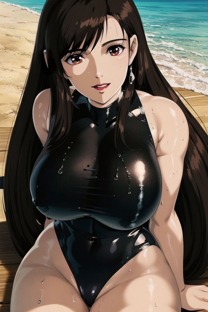 ai_generated beach black_hair breasts clothing female female_only final_fantasy final_fantasy_vii high_resolution large_breasts latex mature mature_female one-piece_swimsuit red_eyes retromage sand see-through see-through_swimsuit solo swimsuit tifa_lockhart very_high_resolution water