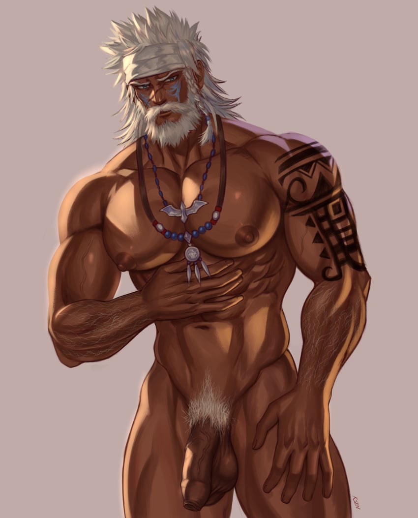 1boy abs absurdres arm_hair bara beard braid completely_nude dark-skinned_male dark_skin facial_hair facial_mark feet_out_of_frame final_fantasy final_fantasy_xiv flaccid foreskin headband highres hyur jewelry koji_henrik large_pectorals looking_at_viewer lyon_rem_helsos male_focus male_only male_pubic_hair mature_male moustache muscular muscular_male navel necklace nipples nude old old_man pectorals pubic_hair scar scar_on_face scar_on_nose short_hair shoulder_tattoo side_braid single_braid solo solo_male standing stomach tattoo thick_thighs thighs tooth_necklace tribal tribal_male white_headband