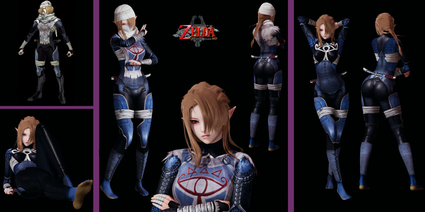 1girls 3d arms_behind_head bandage bodysuit braided_ponytail breast_binding breasts brown_hair chainmail chest_wraps concept_art elf female_only hair_over_one_eye honey_select hylian lying mask multiple_poses nintendo princess_zelda red_eyes sheath sheik sheikah small_breasts smiling smirk sword the_legend_of_zelda turban twilight_princess zelda_(twilight_princess) zetto.c