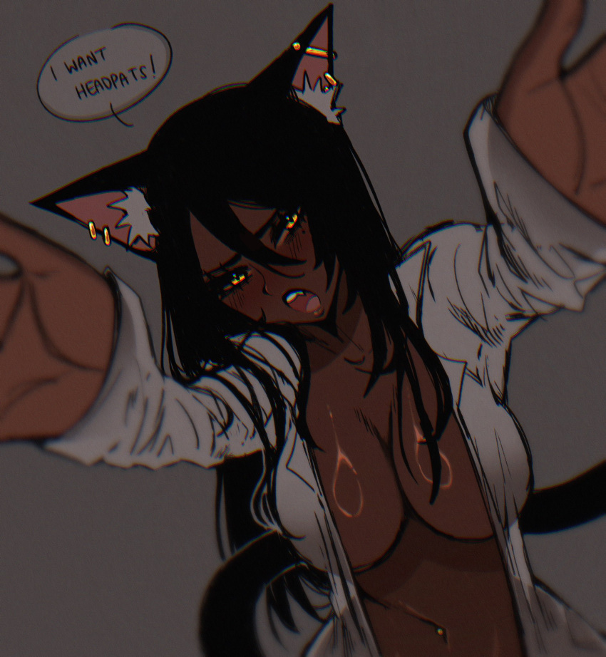 1girls belly_button belly_piercing big_breasts black_hair blush breasts cat_ears cat_tail catgirl cleavage crystalsugarstars dark-skinned_female dark_skin english_text female female_only holding_viewer open_shirt original random_cat_girl_(crystalsugarstars) shirt solo speech_bubble tail text yellow_eyes