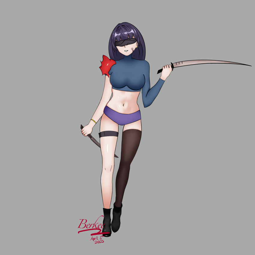 accessory berkee blindfold earrings full_body midriff one_thighhigh original purple_hair simple_background smile sword tattoo thighs underwear