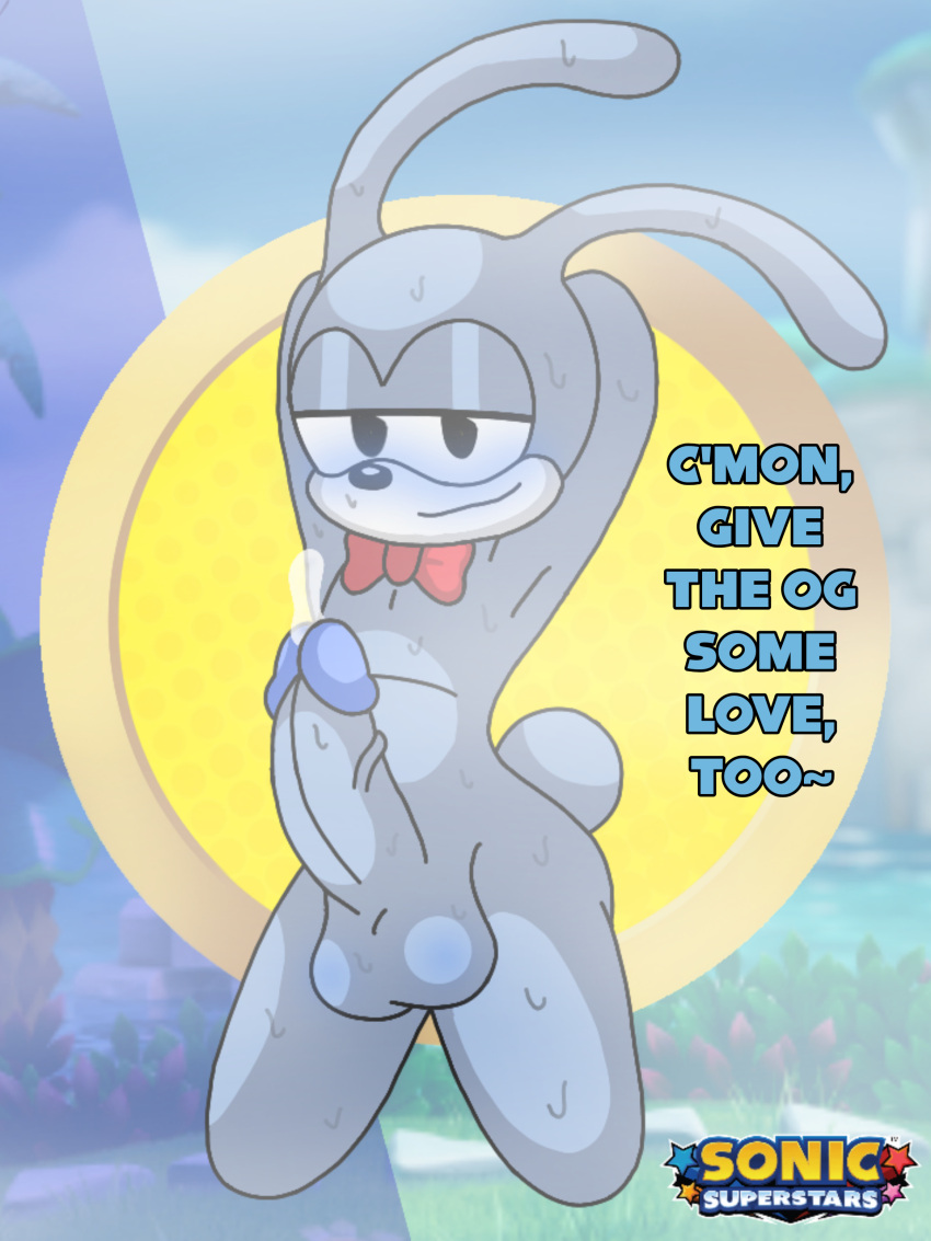 1boy 2023 arms_behind_head background black_eyes blue_fur bowtie bunbreed bunny cum cumdrip dialogue different_colored feels_the_rabbit looking_at_viewer max_the_rabbit_(sonic) mobian_(species) penis pleasure_face red_bowtie sega smiling_at_viewer smug smug_face smug_smile solo solo_focus solo_male sonic_(series) sonic_superstars sonic_the_hedgehog_(series) steam steamy stretching sweat sweating throbbing_penis