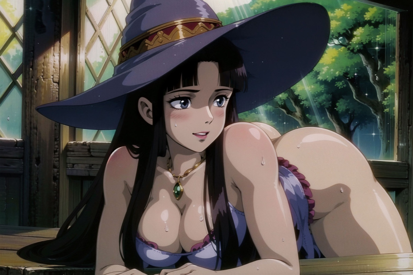 ai_generated ass black_hair blue_dress blue_eyes breasts clothing dress female female female_only hat headwear high_resolution large_breasts retromage solo very_high_resolution witch witch_hat