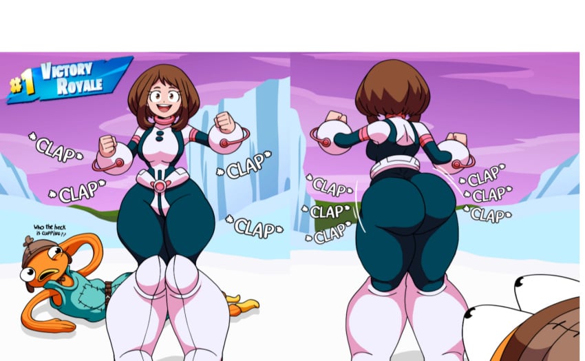 1girls ass ass_awe ass_shake awooga big_ass blindstash brown_hair clapping_cheeks crossover female female_focus fishstick_(fortnite) fortnite hero_outfit_(mha) my_hero_academia ochako_uraraka ochako_uraraka_(hero_outfit) smiling text thick thick_thighs