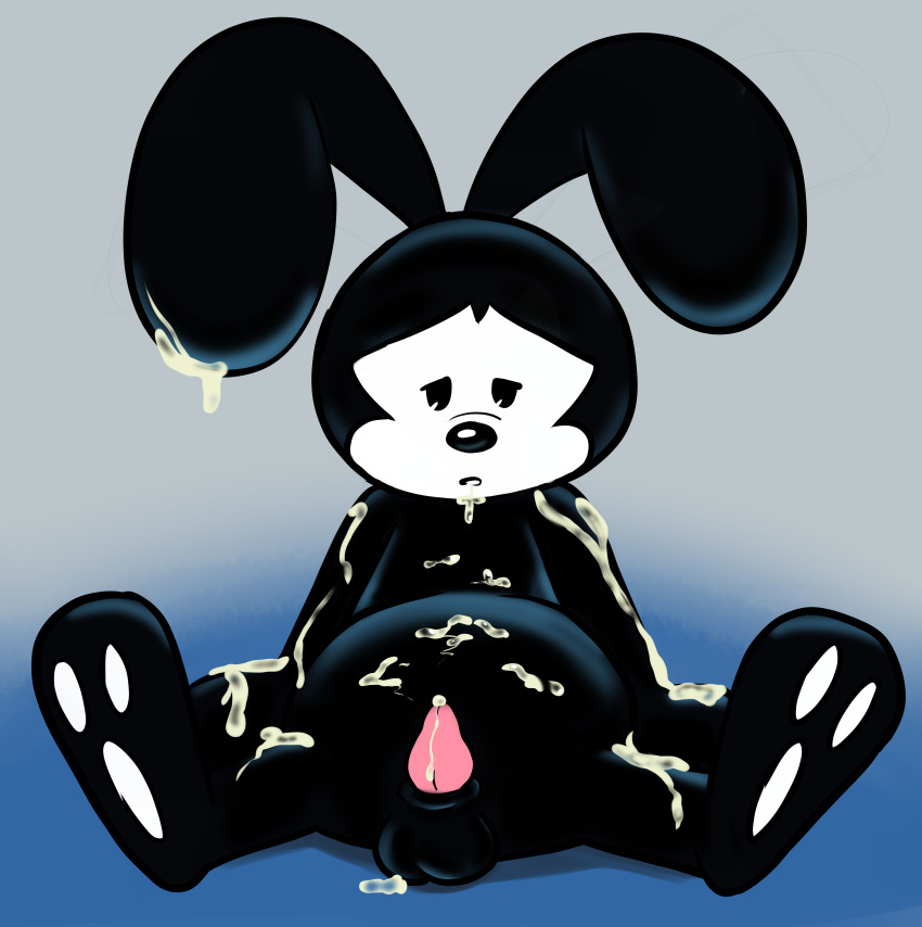 absurd_res anthro bodily_fluids cum cum_covered cum_on_penis disney excessive_cum excessive_genital_fluids feet genital_fluids genitals hi_res kinxybunny lagomorph leporid male mammal messy nude oswald_the_lucky_rabbit penis rabbit rabbit_ears rodent simple_background solo