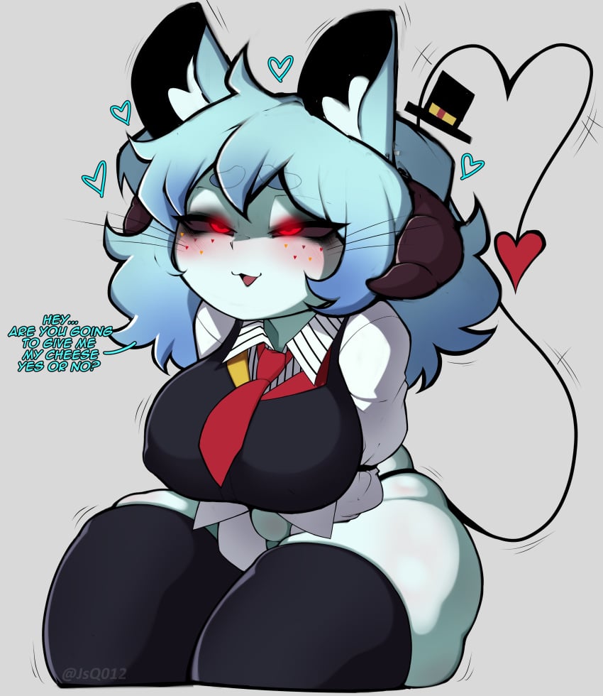 1girls :3 anthro artist_name big_breasts black_sclera blue_body blue_hair cock_hungry english_dialogue english_text fat_ass fat_thighs female female_only floating_hat glowing_eyes horns horny jsq012 mouse_ears mouse_humanoid mouse_tail no_visible_genitalia opaluva_(character) rodent smegma solo thighhighs whiskers