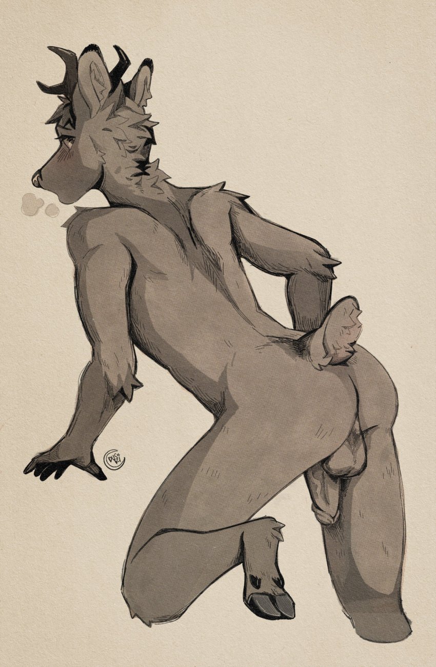 2021 absurd_res anthro antlers ass backsack balls blush breath deer duskihorns flaccid fur genitals hi_res hooves horn humanoid_genitalia humanoid_penis looking_back male mammal monochrome nude panting penis pinup pose rear_view short_tail signature simple_background solo tail vein veiny_penis