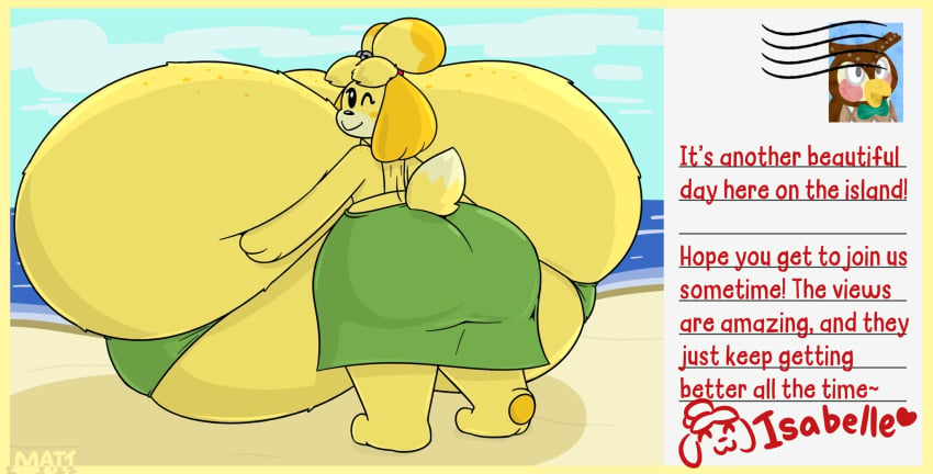 1girls animal_crossing anthro beach breast_expansion canine dog_girl english_text female furry heart hyper hyper_breasts isabelle_(animal_crossing) massive_breasts mattthetooncat nintendo text