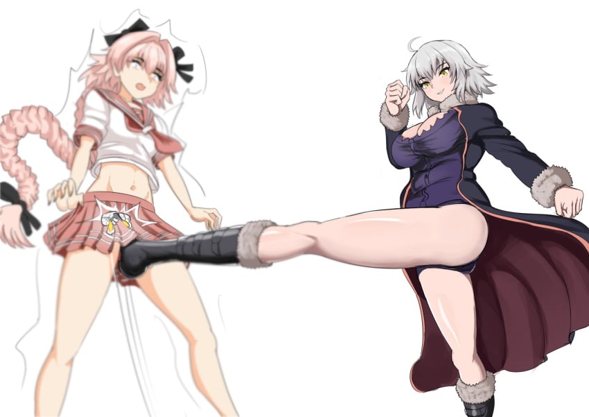 1boy 1girls ahoge alternate_costume astolfo_(fate) ballbusting breasts cbt cleavage cock_and_ball_torture crossdressing crotch_kick egg eggs fate/grand_order fate_(series) femboy femdom from_below hair hair_ornament jacket jeanne_alter kicking_balls large_breasts memories_at_trifas midriff pakku_(artist) pink_hair shocked skirt thick_thighs white_hair yellow_eyes