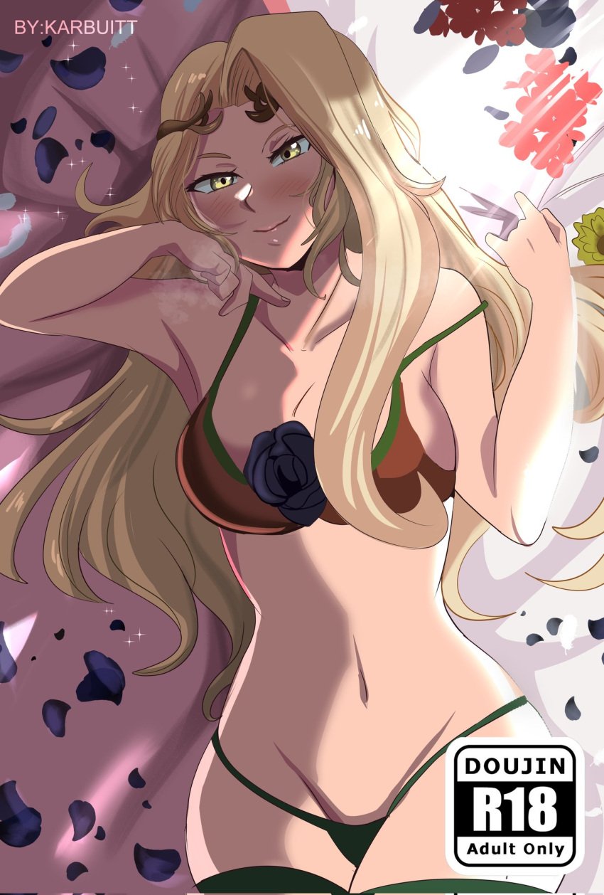 bed blonde_hair blush bra cover flower karbuitt kid_icarus kid_icarus_uprising nintendo panties thighhighs viridi yellow_eyes