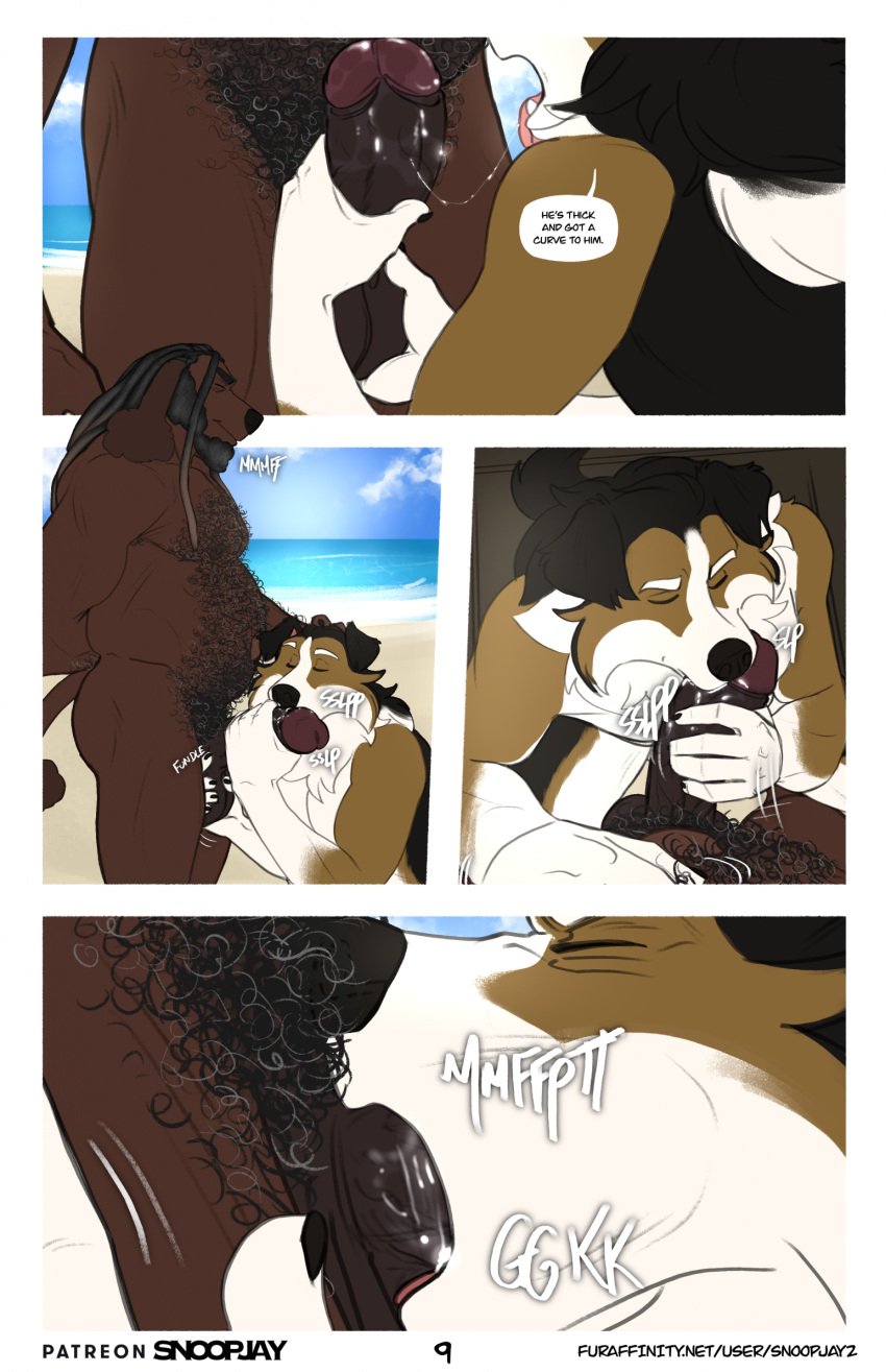 2023 5_fingers aiden_(snoopjay2) anthro anthro_on_anthro anthro_penetrated anthro_penetrating anthro_penetrating_anthro balls beach beard big_penis black_body black_fur black_hair black_nose bodily_fluids body_hair brown_body brown_fur canid canine canis chest_hair chubby_anthro chubby_male claws comic day domestic_dog dreadlocks duo english_text facial_hair fellatio finger_claws fingers foreskin fur genitals hair hairy herding_dog hi_res humanoid_hands long_hair male male/male male_penetrated male_penetrating male_penetrating_male mammal mature_anthro mature_male multicolored_body multicolored_fur musclegut nature navel nipples nude open_mouth oral oral_penetration outdoor_sex outside outside_sex pastoral_dog pecs penetration penile penile_penetration penis penis_in_mouth poodle pubes saliva saliva_on_penis seaside sex sheepdog smile snoopjay2 soudie speech_bubble stomach_hair teeth text tongue tongue_out url white_body white_fur