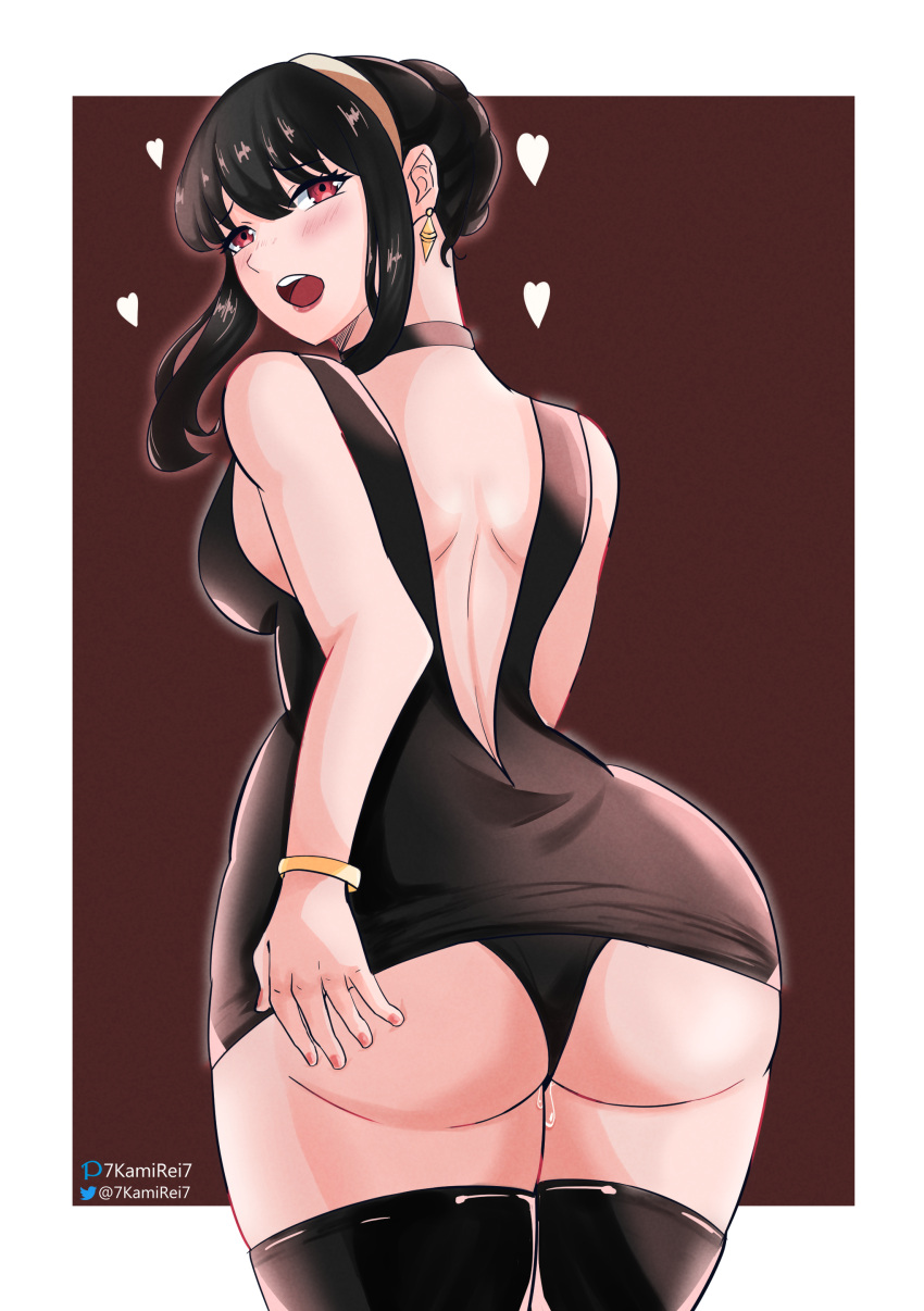 1girls 7kamirei7 artist_name assassin black_hair black_panties blush clothed clothing female female_human female_only heart human light-skinned_female light_skin mature_female open_mouth panties pantyshot red_eyes solo spy_x_family thorn_princess yor_briar yor_forger