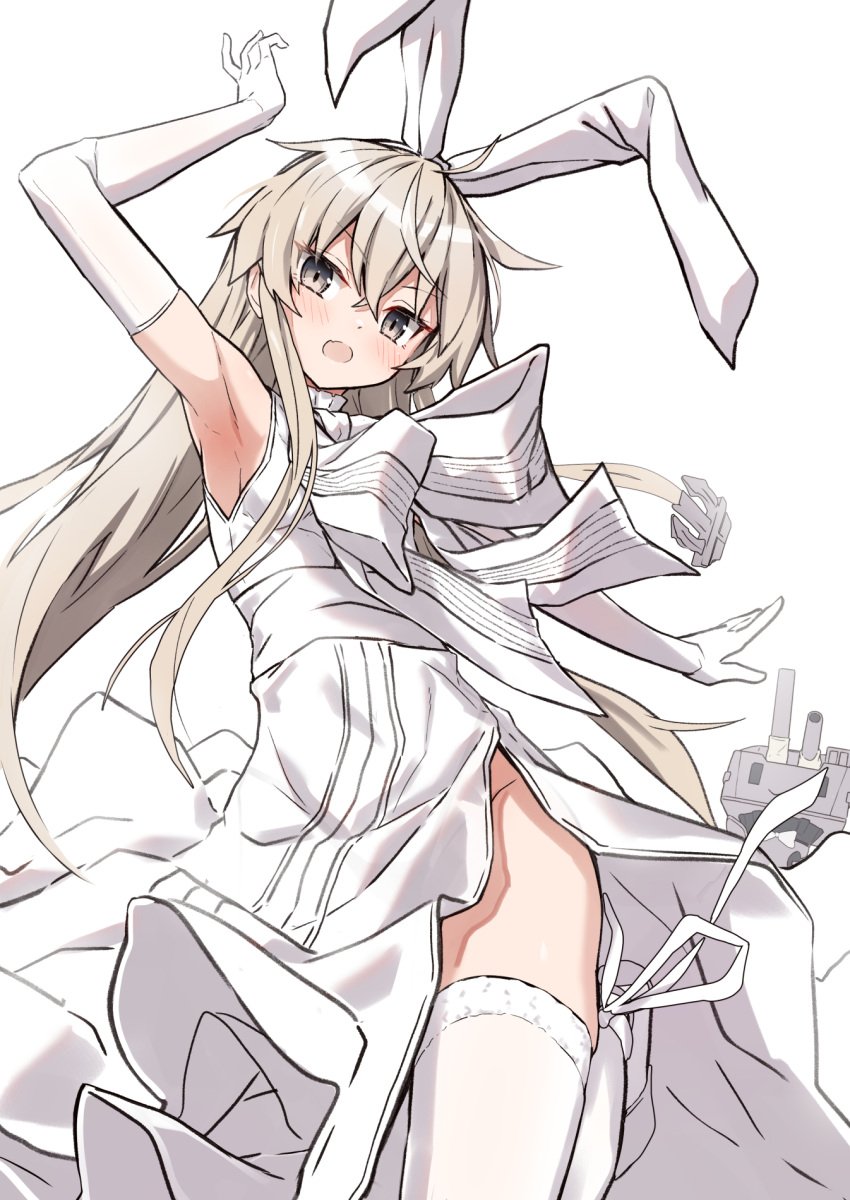 armpits blonde_hair bunny_ears kantai_collection no_panties one_arm_up rensouhou-chan shimakaze_(kantai_collection) tagme white_background white_dress white_gloves white_legwear