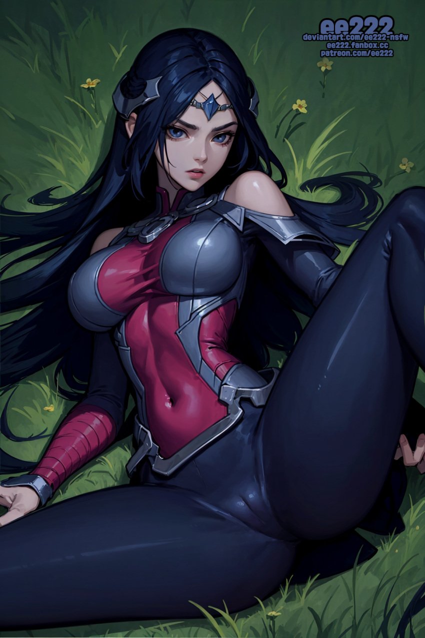 ai_generated black_hair blue_eyes clothing defeated ee222_aiart grass imminent_rape irelia_xan league_of_legends league_of_legends:_wild_rift lying missionary missionary_position missionary_sex spread_legs stable_diffusion