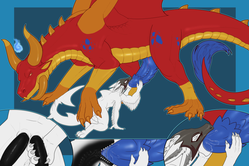 2_penises 3:2 3_toes 4_arms 4_ears 4_fingers absurd_res anthro anthro_on_feral anthro_penetrated arm_feathers back_spikes balls big_dom_small_sub black_flesh black_mouth black_penis black_tongue blaze_(character) blue_fire blue_penis blue_spots blue_tail_tuft bodily_fluids bovid_horn bovine_horn bull_horn claws close-up closed_eyes colored_fire colored_nails comic_panel countershade_ears countershade_face countershade_neck countershade_tail countershade_torso countershading crotch_shot curled_horn dahurgthedragon diphallia diphallism dominant dorsal_fin dragon duo feathered_dragon feathers feet fellatio feral feral_penetrating feral_penetrating_anthro fin fingers fire fish fur genitals gloves_(marking) grey_claws grey_inner_ear_fluff grey_mask grey_nails half-closed_eyes hand_on_penis hi_res holding_penis horn hybrid inner_ear_fluff internal internal_oral jaw_horn kneeling knot larger_feral leaning leg_markings leg_spots looking_back looking_back_at_another looking_back_at_partner male male/male male_penetrated male_penetrating male_penetrating_male marine markings mask mask_on_head masturbation multi_arm multi_ear multi_genitalia multi_limb multi_penis nails narrowed_eyes nubbed_penis oral oral_internal orange_claws orange_feet orange_hands orange_horn orange_paws orange_spikes paws penetration penile penile_masturbation penile_penetration penile_spines penis penis_grab raised_leg raised_paw red_body red_wings rein_(character) ridged_penis saliva saliva_on_penis saliva_on_tongue saliva_string scalie sex shark shark_tail shoulder_spots size_difference smaller_anthro smile socks_(marking) spikes spikes_(anatomy) spots standing tail tail_fin tail_fur tail_tuft teeth toes tongue tuft urethra vein veiny_penis wearing_mask western_dragon white_balls white_body white_feathers white_fur wings yellow_body yellow_countershading yellow_eyes yellow_horn yellow_inner_ear zoophilia