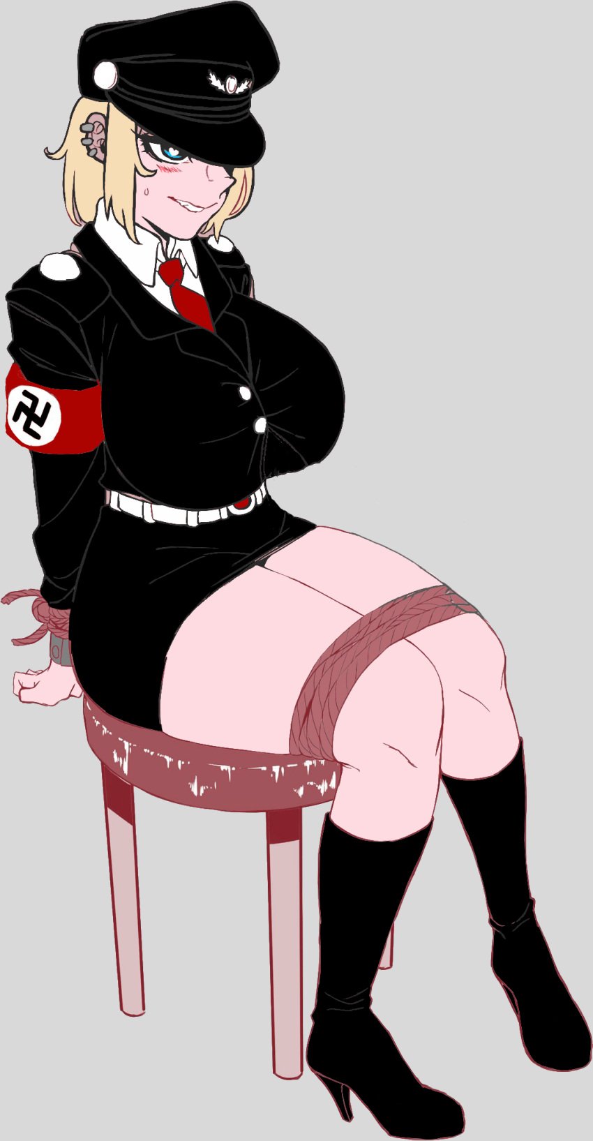 1girls big_breasts blonde_female blonde_hair blue_eyes blush boots bound bound_wrists colored ear_piercing edit female_only heart-shaped_pupils military_uniform nazi nazi_uniform orpice_kun short_hair skirt solo_female swastika thick_thighs tie