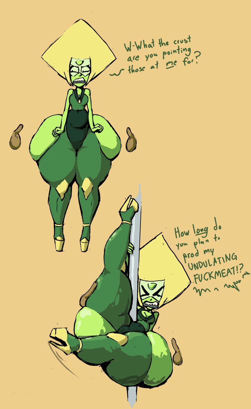 1girls 2boys annoyed ass balls big_ass big_butt blonde_hair cartoon_network dark-skinned_male dark_skin dialogue disembodied_penis female gem gem_(species) green_skin high_heels huge_ass huge_thighs large_ass male navel penis peridot_(steven_universe) pole pole_dancing putricia rubbing rubbing_thigh steven_universe stripper_pole text thick thick_thighs thighs wide_hips