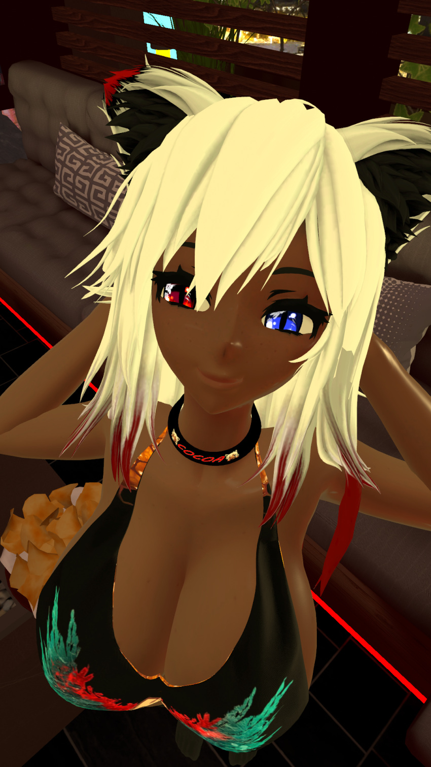 choker cleavage dark-skinned_female dark_skin from_above heterochromia looking_at_viewer multicolored_hair psychocsxd red_panda_ears smug tanktop vrchat white_hair