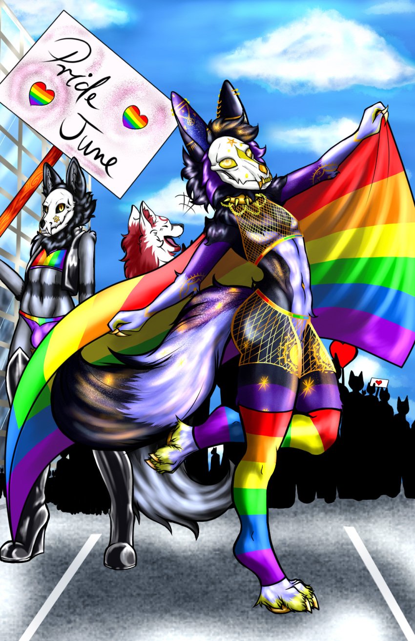 anthro bone canid canine clothing cuntboy duo freyart girly hi_res intersex june lgbt_pride male mammal pose pride_color_clothing pride_color_flag pride_colors skull skull_head street summer