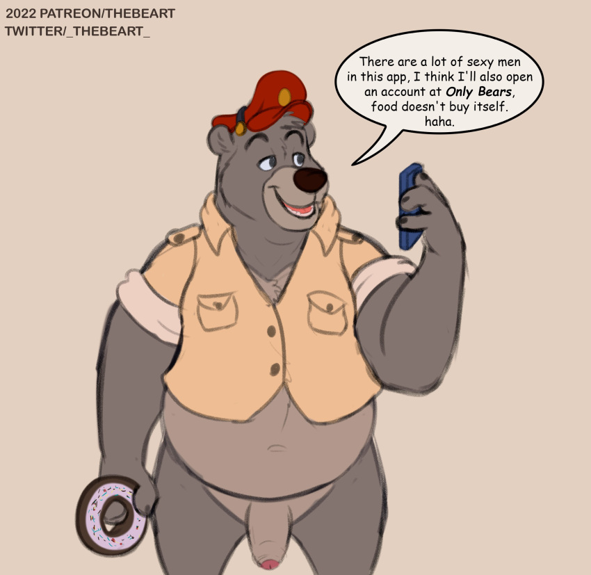 2022 absurd_res anthro baloo bear belly cellphone clothing dialogue english_text genitals hat headgear headwear hi_res male male_focus male_only mammal overweight overweight_male penis phone shirt smartphone solo solo_male text the_jungle_book thebeart topwear