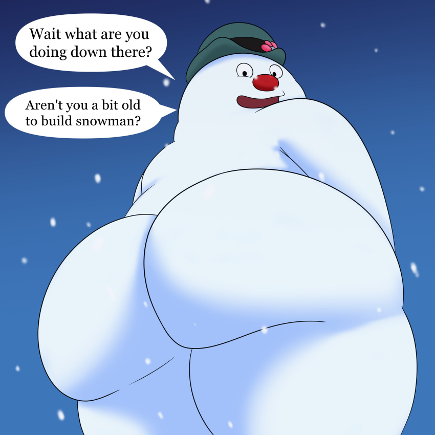 1:1 2022 ass big_ass big_butt blue_sky bubble_butt button button_nose christmas colossalstars frosty_the_snowman frosty_the_snowman_(character) headgear headwear huge_ass huge_butt looking_at_viewer looking_back male male_only night non-human smile snow snow_creature snowing text thick_ass thick_hips thick_legs thick_thighs top_hat white_body white_skin wide_hips wide_thighs