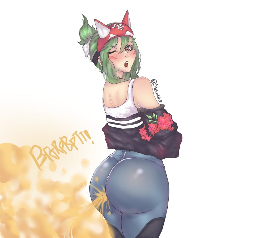 ass blizzard_entertainment cute embarrassed fart fart_cloud fart_fetish farting fox_ears fox_girl kiriko_(overwatch) leggings melonarts2_(artist) overwatch overwatch_2