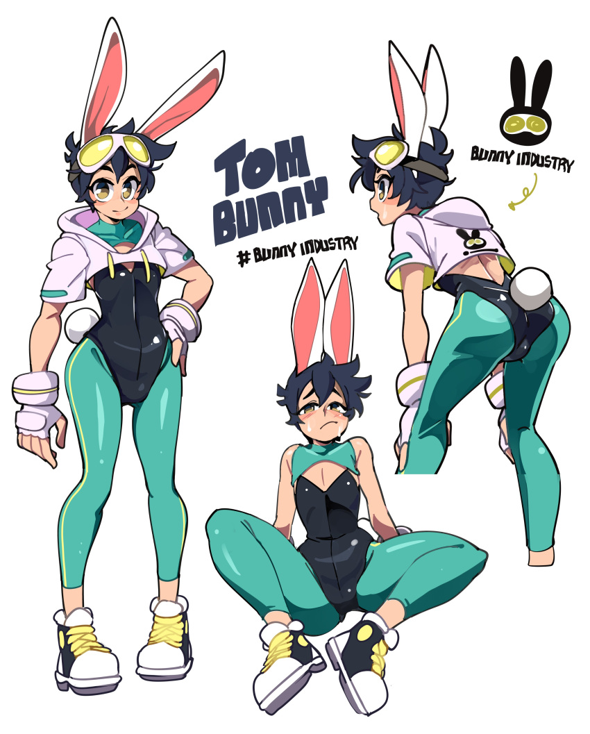 1girls absurd_res bent_over black_hair blush bongfillstudent bunny_ears bunny_girl bunny_industry_(bongfillstudent) bunny_tail bunnysuit english_text female female_only fingerless_gloves flat_chest glasses glasses_on_head green_leggings hoodie leggings looking_at_viewer multiple_views narrowed_eyes original rear_view shoes short_hair sitting solo text tom_bunny_(bongfillstudent) tomboy white_background yellow_eyes