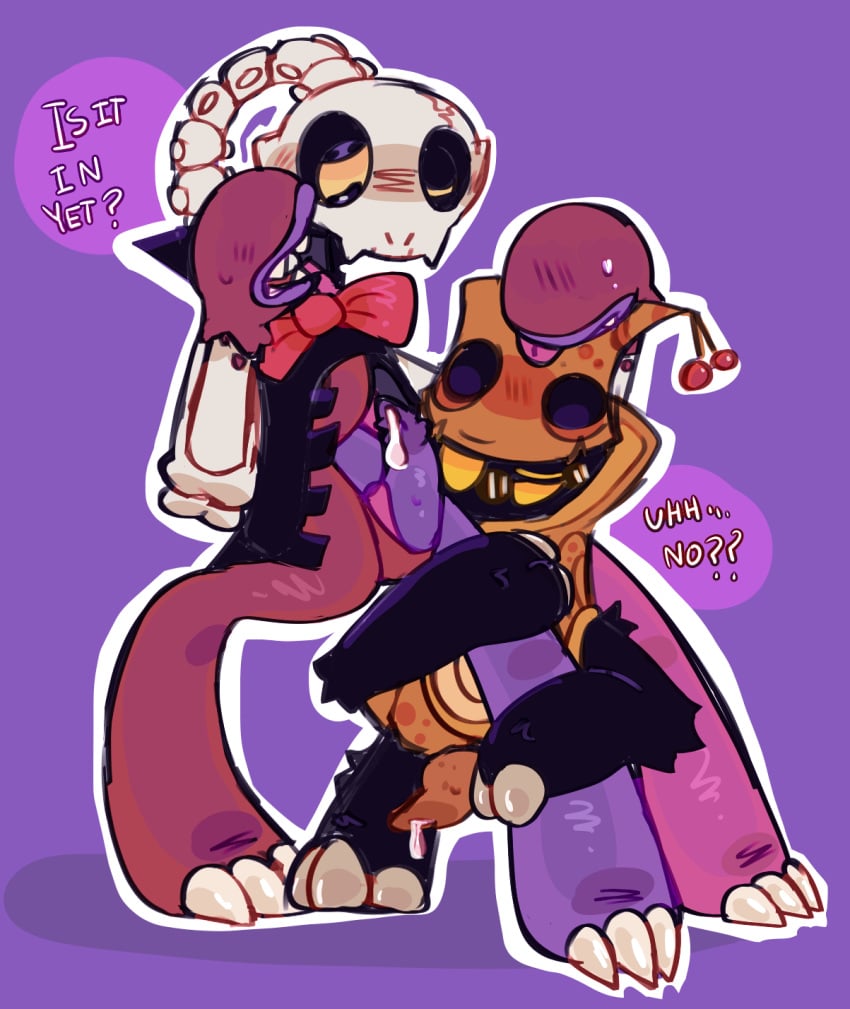 before_sex clackula colored_sketch confused fishley hawlo holding_leg looking_down_at_partner male/male my_singing_monsters precum_drip size_difference skeleton text