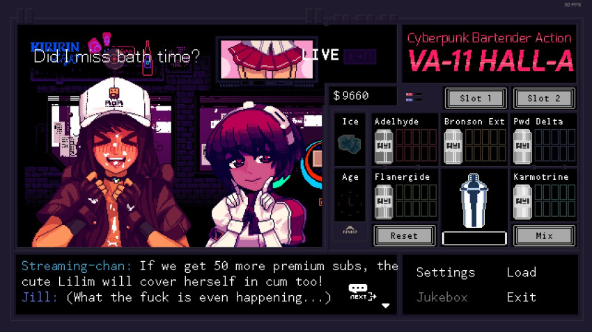 2girls android blush cum cum_on_body cum_on_face dark-skinned_female dialogue dorothy_haze drunk edit human julianne_stingray light-skinned_female mod multiple_girls open_mouth partially_clothed pixel_art spiritofrei streaming_chan text va-11_hall-a