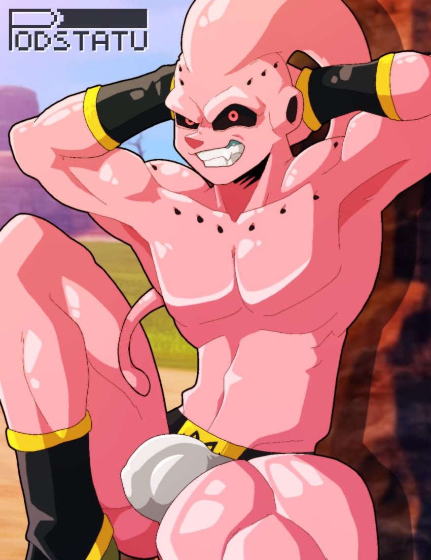 1boy almost_naked almost_nude armpits barely_clothed barely_covered big_bulge black_sclera bulge bulge_through_clothing chilling dragon_ball dragon_ball_z evil_eyes evil_face evil_grin evil_smile gay hands_behind_head holes_in_body majin majin_buu male male_only muscles muscular muscular_male outdoors pink_body podstatu public public_exposure relaxed relaxing shirtless small_underwear smiling_at_viewer solo super_buu