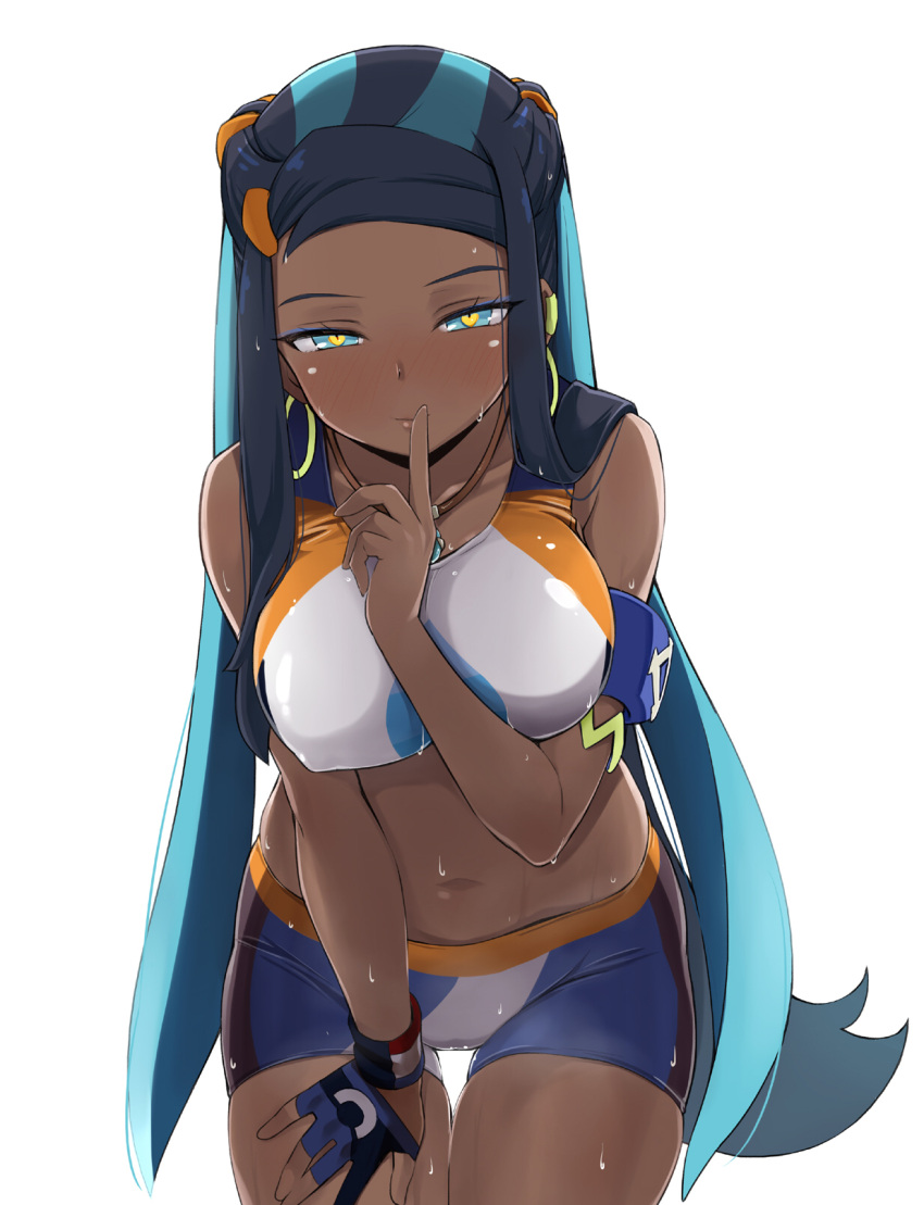 1girls 2019 armband bakutendou black_hair blue_eyes blue_gloves blue_hair breast_squish breasts dark-skinned_female dark_skin ear_piercing earrings female female_only finger_to_mouth fingerless_gloves gloves hand_on_thigh heart heart-shaped_pupils highres hoop_earrings jewelry large_breasts leaning_forward looking_at_viewer multicolored_hair necklace nessa_(pokemon) piercing pokemon pokemon_ss simple_background single_glove skindentation solo standing swimsuit swimwear tankini thick_thighs thigh_gap thighs two_tone_hair water wet white_background