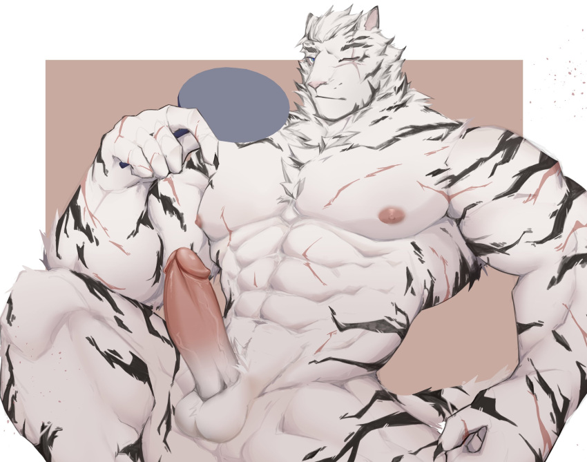 1boy abs animal_ears anthro arknights artist_request bara barazoku completely_nude erection facial_hair feet_out_of_frame furry furry_male gay goatee highres large_hands large_pectorals looking_at_viewer male_focus male_only mountain_(arknights) muscular muscular_male navel nipples nude one_eye_closed pectorals penis pointing pointing_at_penis pointing_at_self scar scar_across_eye scar_on_arm short_hair solo stomach thick_eyebrows tiger_boy tiger_ears uncensored veins veiny_penis white_hair yaoi